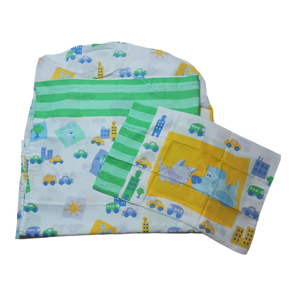 Vintage Blues Clues 3 Pc Twin Sheet Set Y2K Dan River Periwinkle Cars Taxi City
